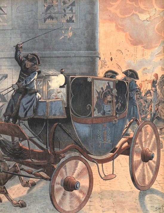 Attentat contre le Premier consul Bonaparte, le 24 décembre 1800. Lithographie couleur d'après une aquarelle de Jacques Onfroy de Bréville dit Job parue dans Bonaparte de Job et G. Montorgueil (1910)