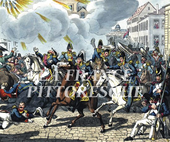 Attentat de Fieschi contre le roi Louis-Philippe. Gravure de P. C. Geissler (1835)