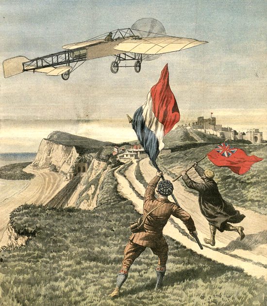Louis Blériot atterrit sur la falaise de Douvres, le 25 juillet 1909. Illustration de couverture du Supplément illustré du Petit Journal du 8 août 1909