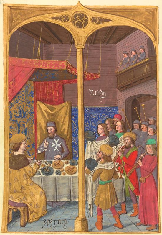 Zizim reçu à la table du grand maître Pierre d'Aubusson à Rhodes. Enluminure extraite de Gestorum Rhodie obsidionis commentarii, Oratio de morte magni Turci, De casu regis Zizimi (par Guillaume Caoursin) datant du dernier quart du XVe siècle (manuscrit latin n°6067 de la BnF)