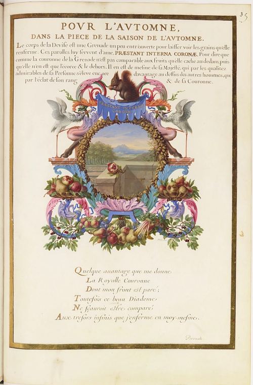 Pour l'automne. Miniature de Jacques Bailly extraite de Devises pour les tapisseries du Roy où sont représentez les quatre Élémens et les quatre Saisons de l'année, par Charles Perrault (vers 1670)