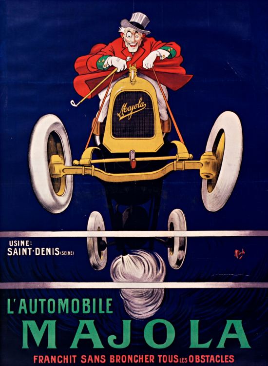 L'Automobile Majola franchit sans broncher tous les obstacles. Affiche publicitaire de 1929 réalisée sur la base d'une illustration réalisée par Jean-Marie-Michel Liebeaux dit Mich (1881-1923)