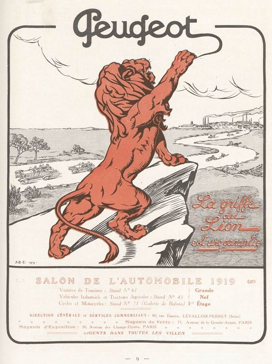 Encart publicitaire Peugeot publié dans le numéro du 15 octobre 1919 de la revue Automobilia