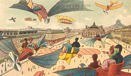 L'avenue de l'Opéra, à Paris. Carte illustrée réalisée par Jean-Marc Côté extraite de la série En l'an 2000, parue en 1910