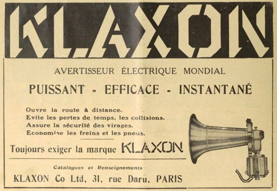 Encart publicitaire pour l'avertisseur sonore Klaxon publié dans le numéro du 1er janvier 1919 de la revue La Pratique automobile et aéronautique