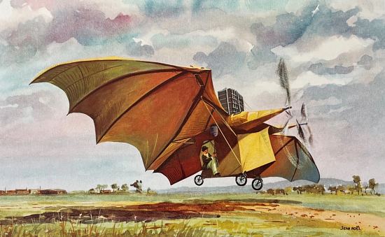 Clément Ader, sur son Avion n°III (Éole modifié), effectue le premier décollage. Gravure de Jean Noël (1961)