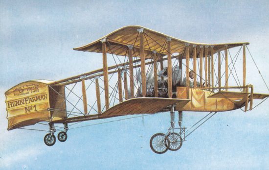 Représentation de l'aéroplane à bord duquel Henry Farman réussit son exploit du 13 janvier 1908