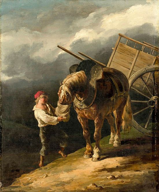Garçon donnant l'avoine à un cheval dételé. Peinture de Théodore Géricault