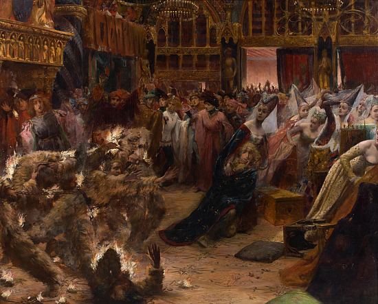 Le Bal des ardents. Peinture de Georges-Antoine Rochegrosse (1889). Au premier plan, un groupe d'hommes vêtus de peaux d'animaux prend feu. Le roi Charles VI est préservé des flammes par la duchesse de Berry (à droite)