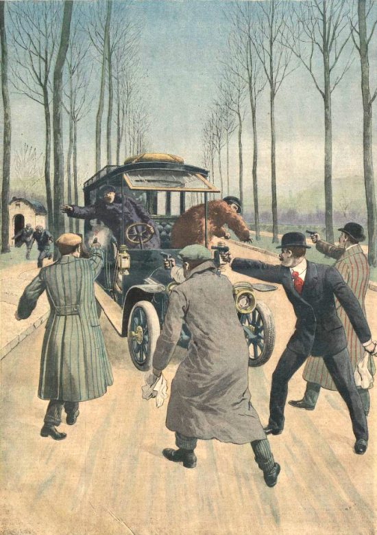 Le 25 mars 1912, le trio constitué de Bonnot, Garnier et Callemin, accompagnés de Monnier, Valet et Soudy, se prépare à voler une limousine De Dion-Bouton. Illustration parue dans le Supplément illustré du Petit Journal du 7 avril 1912