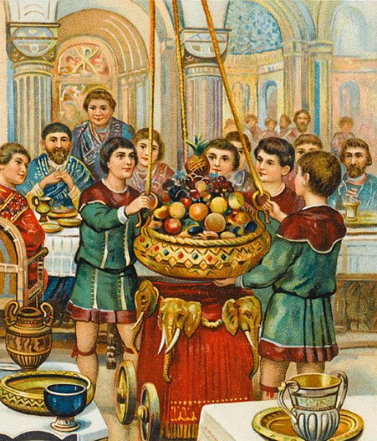 Un banquet byzantin au Moyen Âge. Détail d'une chromolithographie publicitaire de 1909
