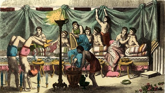 Banquet grec. Gravure (colorisée) de Heinrich Leutemann publiée dans le cadre d'une série intitulée Images de l'Antiquité (1865)