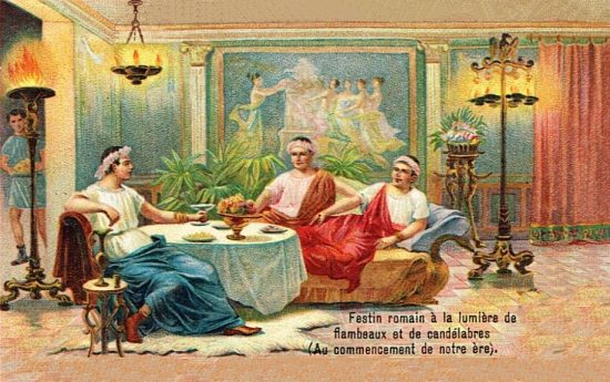 Festin romain du Ier siècle après J.-C. se déroulant à la lumière de flambeaux et de candélabres. Chromolithographie de 1909