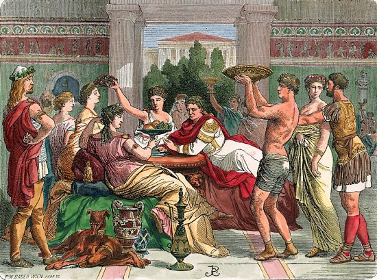 Banquet romain. Gravure (colorisée) publiée dans Histoire illustrée du peuple allemand de W. Zimmermann paru en 1873