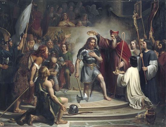 Baptême de Clovis à Reims, 25 décembre 496. Peinture de François-Louis Dejuinne (vers 1840)