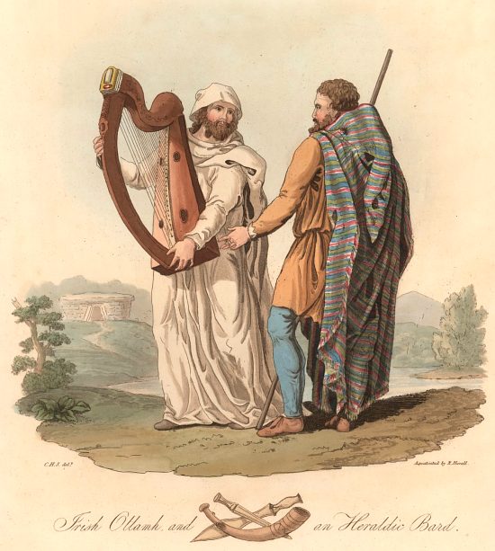 Ollamh irlandais (à droite) et barde héraldique (à gauche) ou filidhe. Lithographie de Charles Hamilton Smith (1776-1859) publiée dans The costume of the original inhabitants of the British Islands, par Charles Hamilton Smith et Samuel Rush Meyrick (1815)