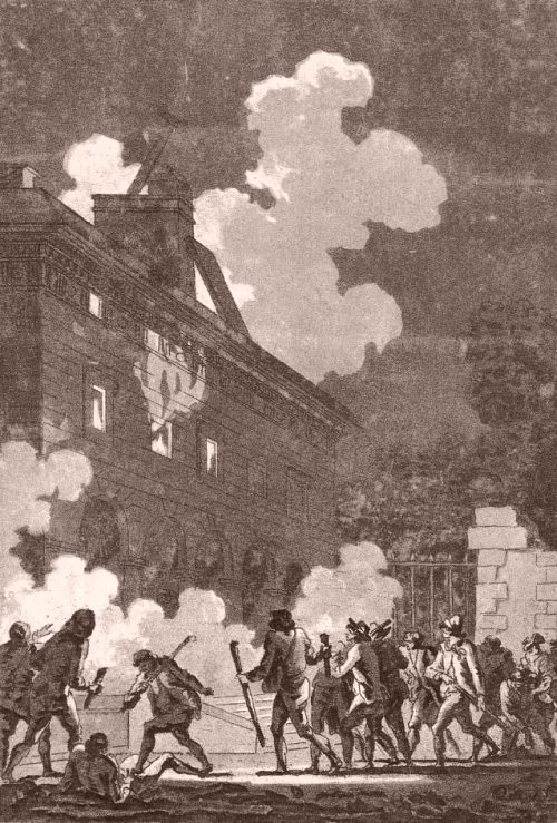 Incendie de la nouvelle barrière des Gobelins le 12 juillet 1789. Gravure de Jean-François Janinet (1752-1814)