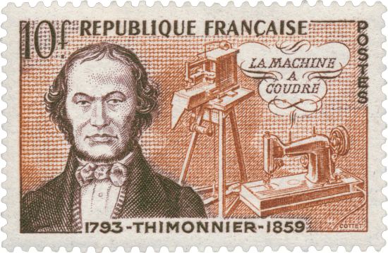 Barthélemy Thimonnier (il meurt en 1857, et non en 1859 comme indiqué par erreur). Timbre émis le 7 mars 1955 dans la série Inventeurs. Dessin de René Cottet