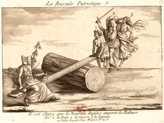 La Bascule patriotique. Gravure allégorique de 1792 portant la légende : Il est clair que le nouveau régime emporte la balance : 1. la peste ; 2. la guerre ; 3. la famine