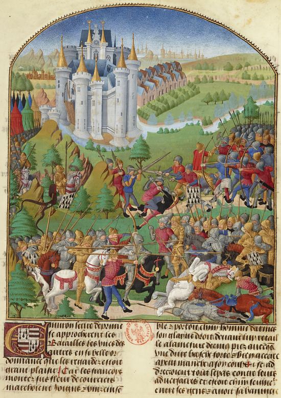 Bataille d'Auray, le 29 septembre 1364. Enluminure extraite de la Compillation des Cronicques et ystores des Bretons, partie en III livretz, par Pierre Le Baut (manuscrit français n°8266 de la BnF datant du XVe siècle)