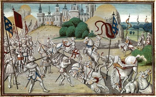 Bataille de Courtrai. La cavalerie française charge et tombe dans un fossé boueux dissimulé par des branchages. Enluminure extraite des Anciennes chroniques de Flandre (manuscrit 2799, vers 1450)