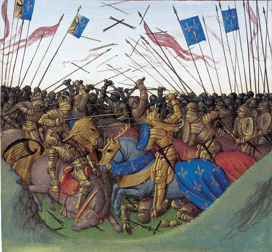 Bataille de Fontenoy-en-Puisaye. Enluminure de Jean Fouquet extraite des Grandes Chroniques de France (vers 1455-1460), manuscrit français 6465 de la BnF