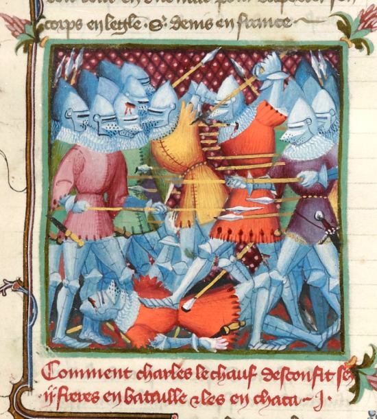 Bataille de Fontenoy-en-Puisaye. Enluminure extraite des Grandes Chroniques de France (1390-1405), manuscrit 2608 réalisé pour Charles VI sur le modèle du manuscrit 2813 exécuté pour Charles V