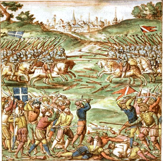 Bataille de Moncontour. Les protestants sont représentés, en tant qu'hérétiques, comme des singes du diable. Enluminure extraite du manuscrit Carmen de tristibus Galliae (1577)