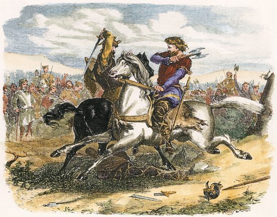 Eudes à la bataille de Montfaucon. Gravure (colorisée ultérieurement) extraite d'Histoire populaire de la France par Charles Lahure (1866) Eudes à la bataille de Montfaucon. Gravure (colorisée ultérieurement) extraite d'Histoire populaire de la France par Charles Lahure (1866)