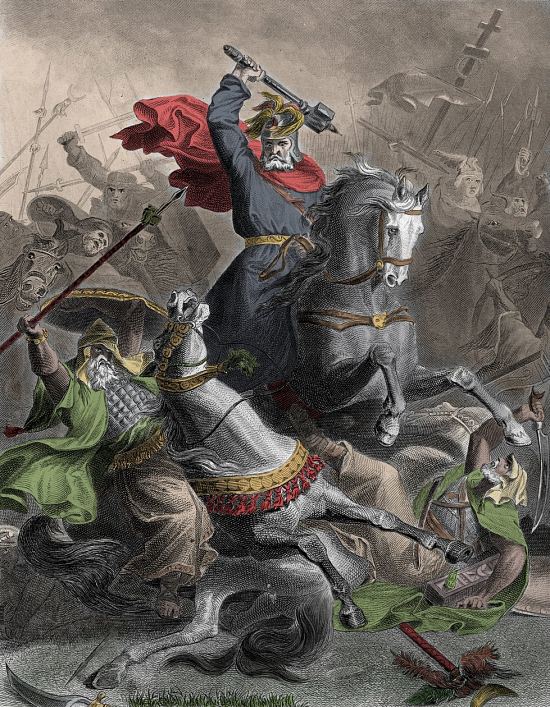 Charles Martel menant les Francs a la bataille contre l'invasion arabe en octobre 732. Gravure du XIXe siècle colorisée ultérieurement