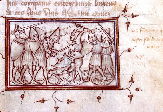 Bataille de Saint-Omer. Enluminure extraite du manuscrit Fleurs des chroniques (vers 1384)