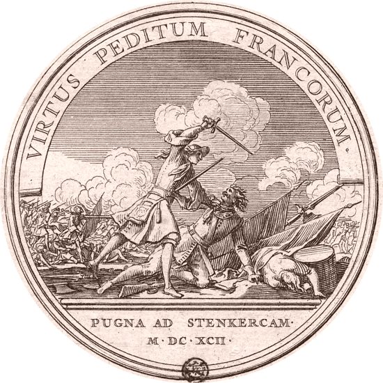 Bataille de Steinkerque. Estampe appartenant à une suite de 33 gravures illustrant les médailles sur les principaux événements du règne de Louis le Grand