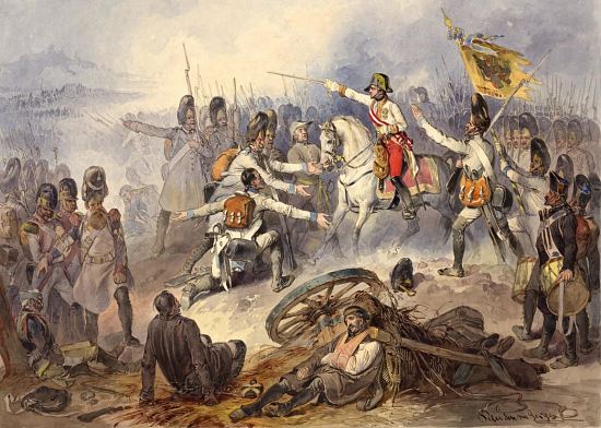 Bataille de Stockach opposant en mars 1799 l'armée française commandée par Jean-Baptiste Jourdan et l'armée autrichienne commandée par l'archiduc Charles. Peinture de Johann Nepomuk Geiger