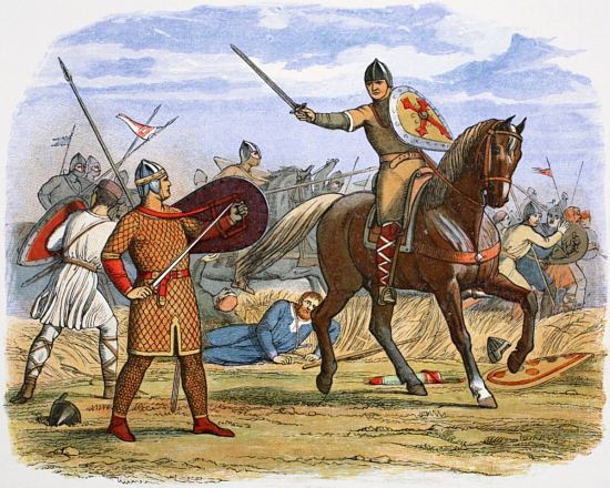 Robert Courteheuse fait prisonnier lors de la bataille de Tinchebray. Illustration (colorisée par Edmund Evans) extraite de A chronicle of England par James William Edmund Doyle (1864)