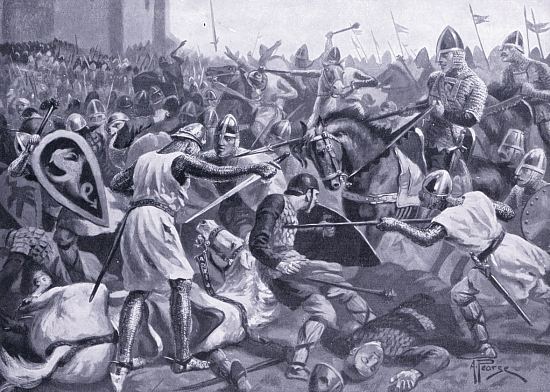 Robert Courteheuse fait prisonnier lors de la bataille de Tinchebray. Illustration d'Alfred Pearse extraite de Hutchinson's story of the British nation par Walter Hutchinson (1920)