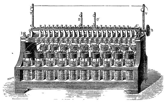 Batterie secondaire Planté de 20 couples. Gravure extraite de Recherches sur l'électricité, par Gaston Planté (1883)