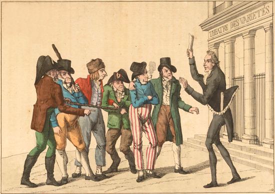La veille d'une première représentation, ou la revue des battoirs. Caricature publiée dans Annales du ridicule ou Scènes et caricatures parisiennes paru en 1815