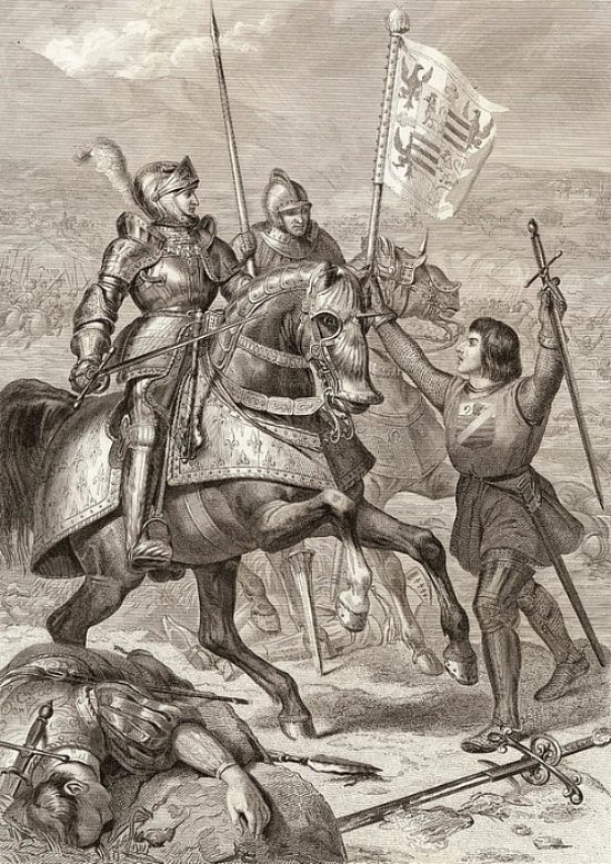 Bataille de Fornoue. Gravure réalisée d'après une peinture d'Éloi Firmin Féron (1837). Le cavalier de gauche est identifié à Charles VIII. Le jeune homme se battant à pied, tenant une épée dans sa main gauche et brandissant l'étendard pris à l'ennemi est Bayard
