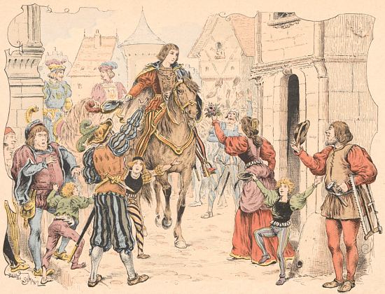 Bayard est acclamé à Grenoble le 17 mars 1515. Lithographie de Paul de Sémant extraite de Histoire du Chevalier Bayard par Théodore Chalu (1898)
