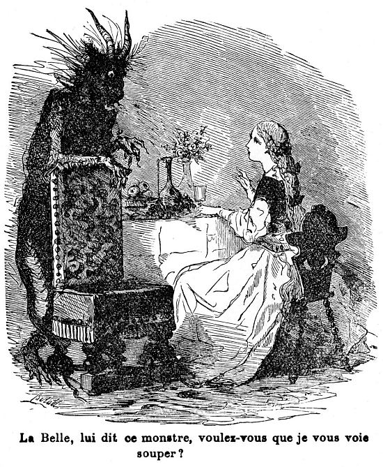 Illustration de Bertall (pseudonyme de Charles Constant Albert Nicolas d'Arnoux de Limoges Saint-Saëns) pour le conte de Jeanne Marie Leprince de Beaumont La Belle et la Bête