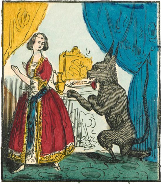 La Bête demande à la Belle si elle consent à l'épouser. Vignette extraite d'une série d'images d'Épinal de 1846 publiée par Pellerin et consacrée à La Belle et la Bête