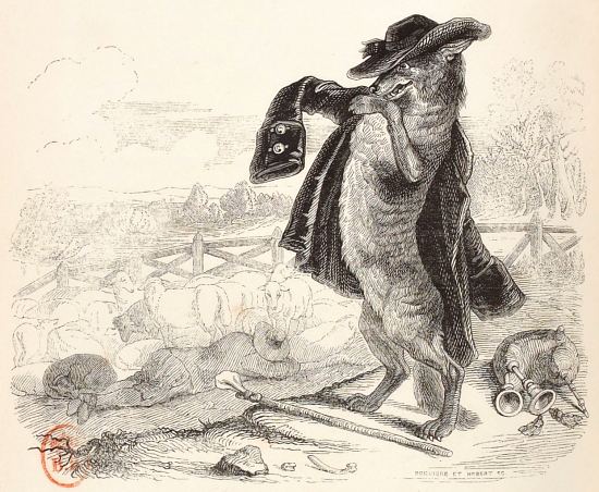 Le Loup devenu Berger. Gravure extraite de l'édition des Fables de La Fontaine illustrées par Grandville (1838)