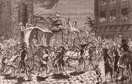 Entrée de Louis-Bénigne-François Bertier de Sauvigny en cabriolet à Paris, par la porte Saint-Martin, le 23 juillet 1789, le lendemain de son arrestation près de Compiègne. Le peuple lui montre la tête de Foulon de Doué fichée sur une pique. Estampe du temps