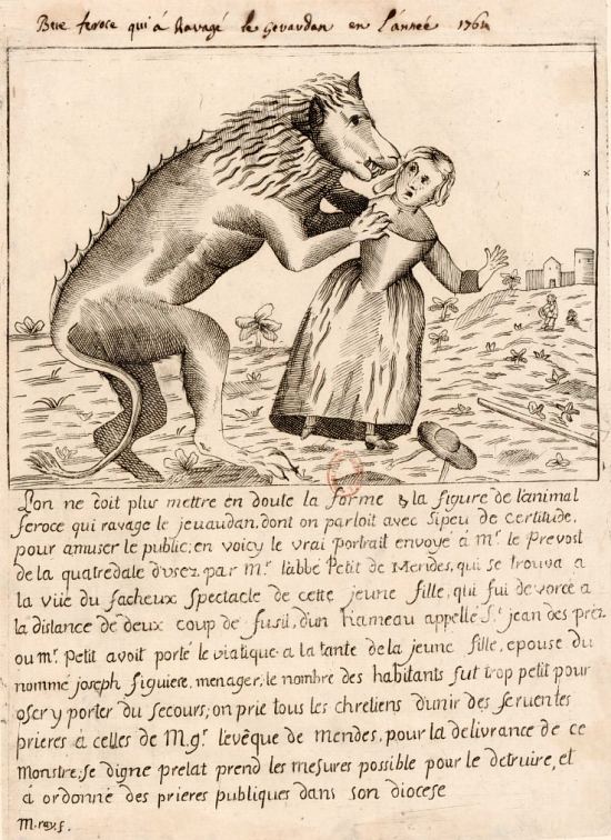 Bête féroce qui a ravagé le Gévaudan en l'année 1764. Estampe du temps