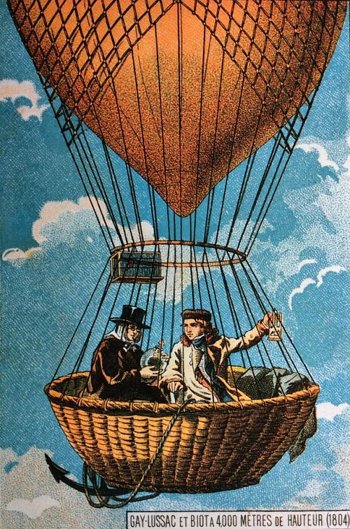 Biot et Gay-Lussac exécutant des expériences à l'altitude de 4000 mètres, le 20 septembre 1804. Chromolithographie des années 1890-1900 réalisée d'après une gravure parue dans La Nature en 1874