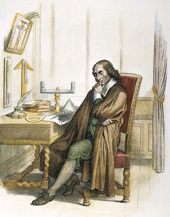 Blaise Pascal. Dessin (colorisé ultérieurement) de Jean Bein réalisé d'après l'oeuvre de Hippolyte Flandrin (1809-1864) et extrait du Plutarque français (Tome 4) paru en 1845