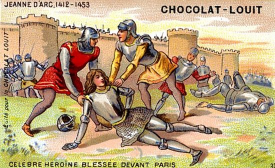 Jeanne d'Arc blessée lors du siège de Paris. Chromolithographie publicitaire de la fin du XIXe siècle