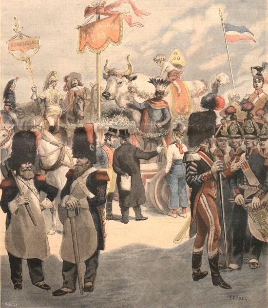 Le bœuf gras à Paris. Reconstitution du Char de d'Artagnan (1844). Illustration de couverture du Petit Journal. Supplément illustré du 16 février 1896