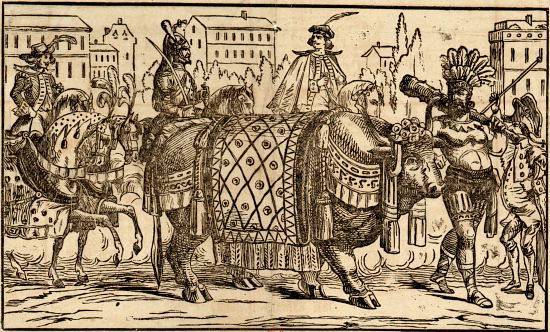 Promenade du boeuf gras. Gravure extraite du Programme officiel, ordre et marche des boeufs gras avec indication des rues, places, quais, ponts et boulevards par où le cortège carnavalesque passera les dimanche 10, lundi 11 et mardi 12 Février 1861