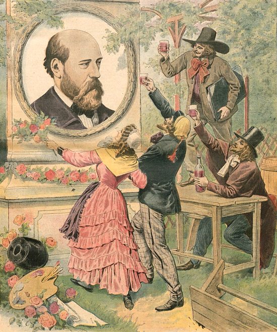 Henry Murger et les personnages de La vie de bohème. Image de couverture du Supplément illustré du Petit Journal du 29 janvier 1911 pour le cinquantenaire de la mort de l'auteur